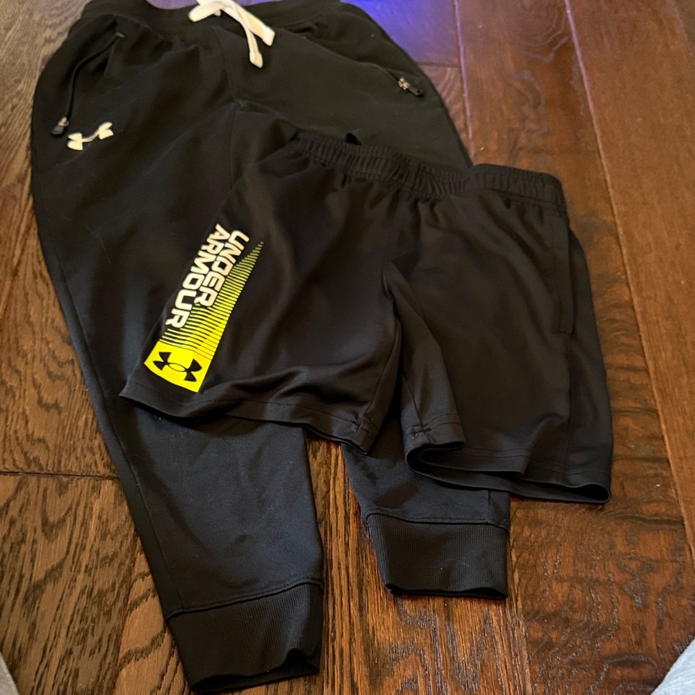 Under Armour Kids Black Shorts with Yellow Logo and black pants